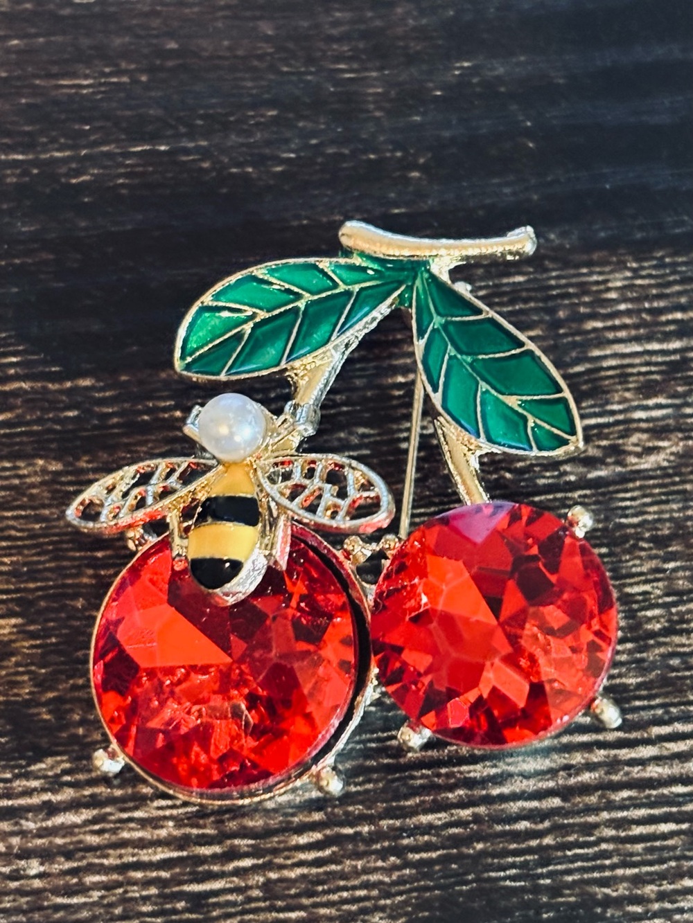 Yellow Bee & Red Cherry Crystal Brooch in Gold Tone